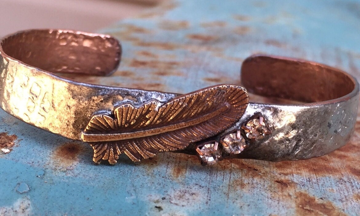 Cuff Bracelet with Feather Copper Soldered Feather Bracelet
