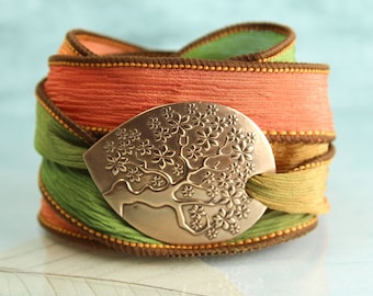 Tree-of-Life Silk Wrap and Handmade Bronze Focal - Ribbon Bracelet