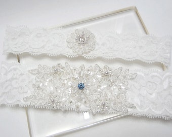 Lace garter set, wedding bridal lace garter set, white garter set, lace wedding garter set, something blue wedding garter set