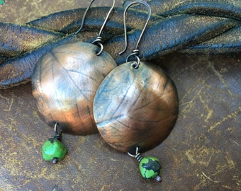 Solid copper *Impressions, Textures* earrings n262 - earthy earth earrings . stamped imprinted leaf on copper . rustic jewelry leaf on metal
