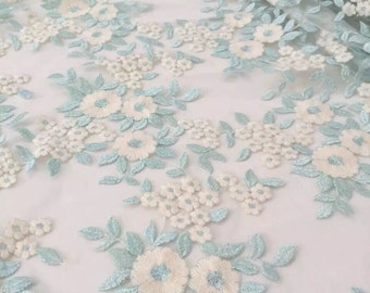 lace fabric with florals, bridal lace fabric, metallic blue lace fabric, embroidered lace fabric