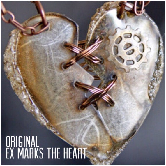 Ex Marks The Heart, Laser Cut, Statement Necklace, Mended Heart, Distressed, Rocker, SteamPunk Heart with Gear, Heart Necklace by 3QuartermoonCreative steampunk buy now online
