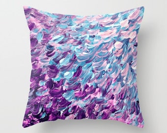 FROSTED FEATHERS Purple Blue Ombre Splash Waves Painting Art Throw Pillow Cover 16x16 18x18 20x20 Square, Spring Colorful Nature Abstract