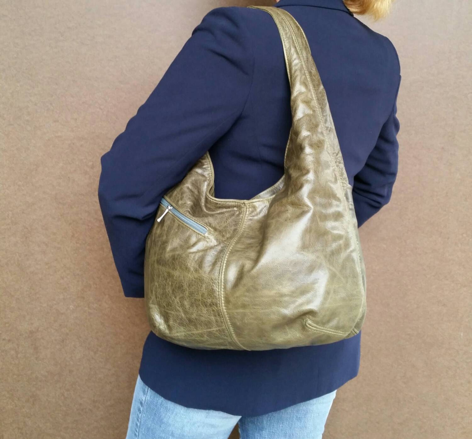 Distressed Green Leather Hobo Purse with Outside Pockets