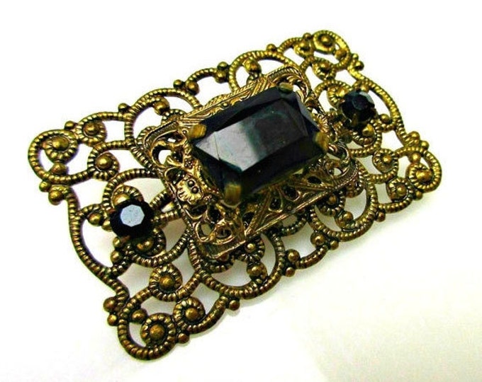 Black Glass Brass Brooch rectangle gold filigree mourning pin