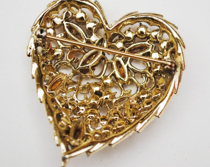 Coro Rhinestone Heart Brooch - Crystal glass cabochons - Aurora borealis rhinestone pin