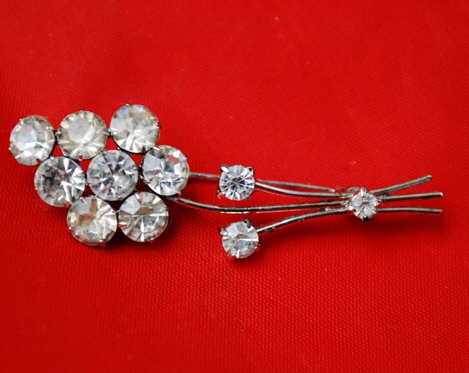 Rhinestone Flower Brooch - Signed Austria - Clear Crystal - silver metal- Floral Pin