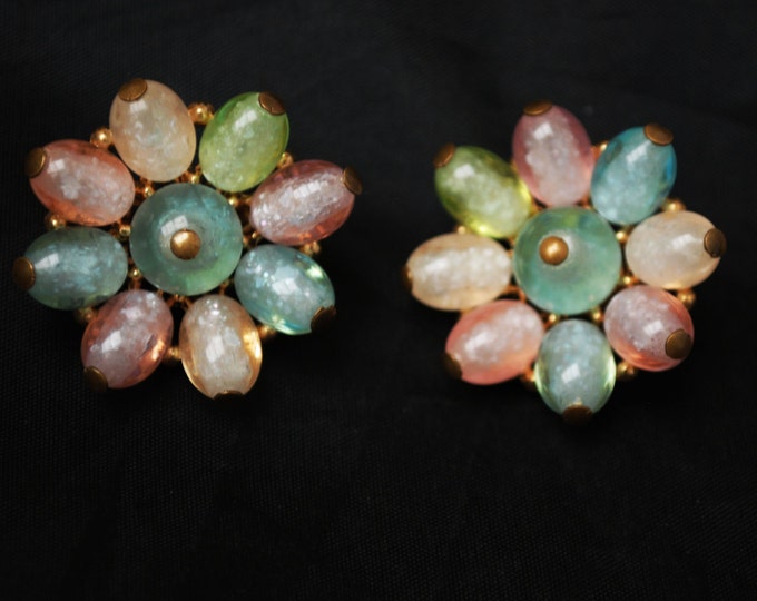 Pastel Flower Earrings - Crown Trifari - Pink Green and Blue Translucent lucite bead - Clip on Earrings - Mid Century