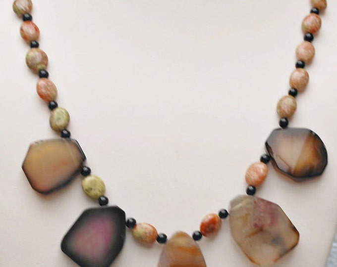 Handmade Agate Jasper and Obsidian necklace
