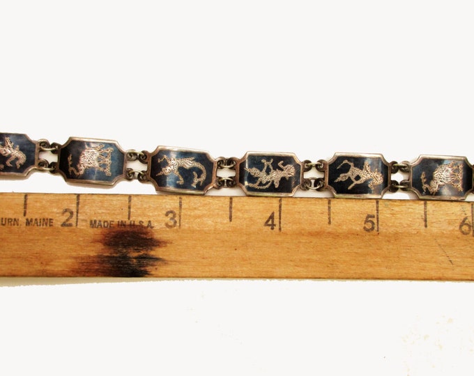 Siam Sterling Link Bracelet - Neillo Enamel - Silver Black - Asian - Signed Thailand