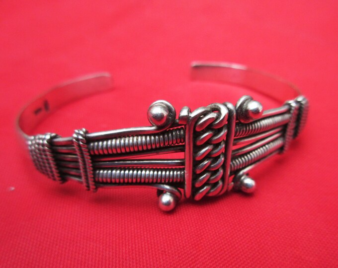 Sterling Silver Cuff Bracelet Twisted knotted Studded Tribal India Bangle