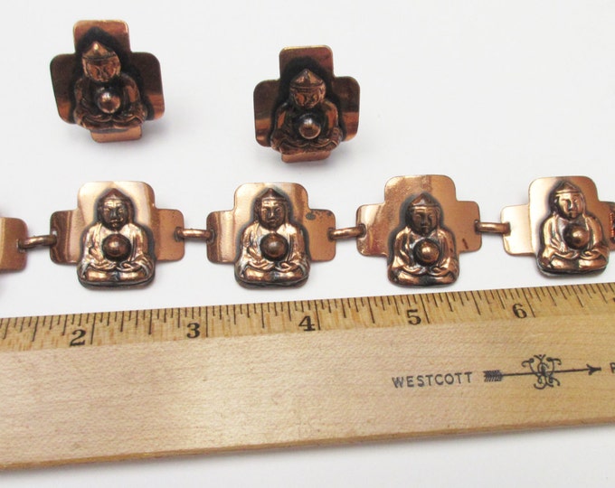 Buddha Copper link Bracelet and Earring Set - mid century- Boho style - clip on earrings