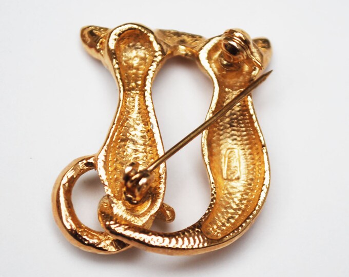 Cat Brooch - Gold with Rhinestones -Two sitting kittens pin