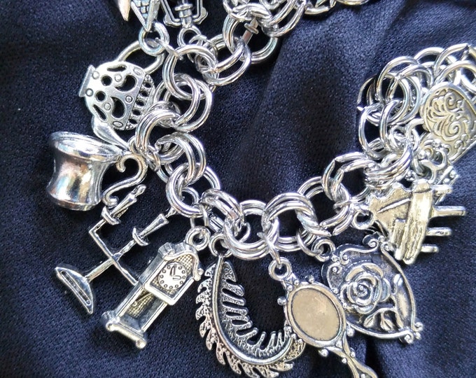 Silver Beauty and the Beast charm bracelet, 7.5 inches, Handmade story bracelet, symbols for Belle, teapot, clock, horse, rose, music #44