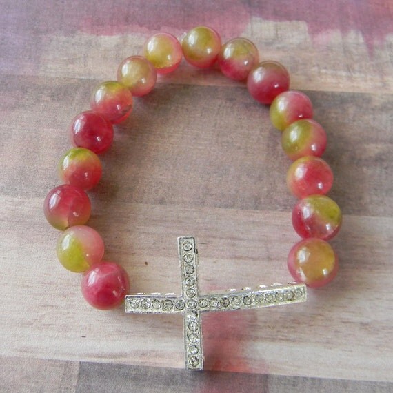 Sparkly Sideways Cross Stretch Bracelet with Glass Beads