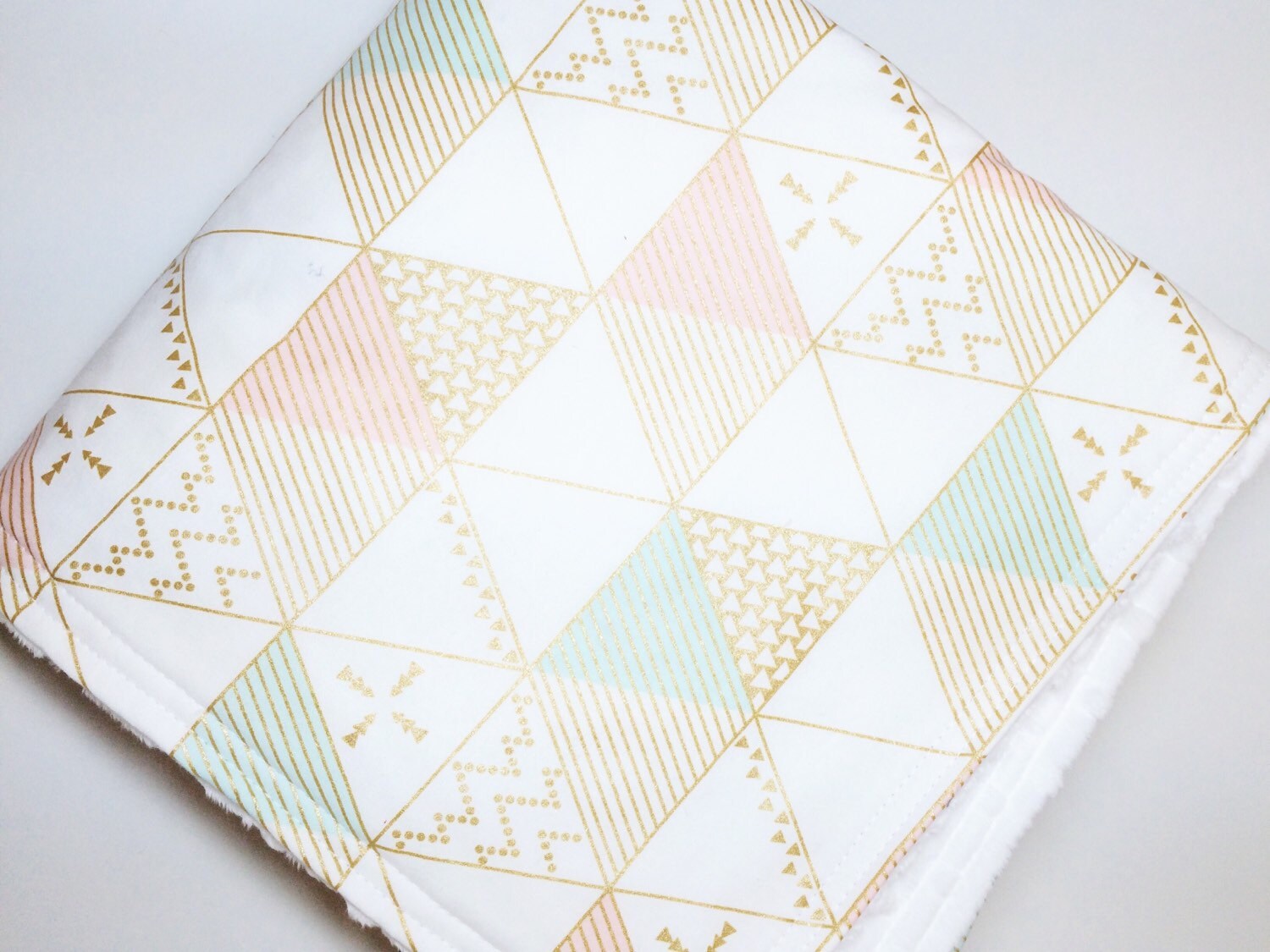 Rose Pink Mint Gold Metallic Triangle Baby Blanket with White