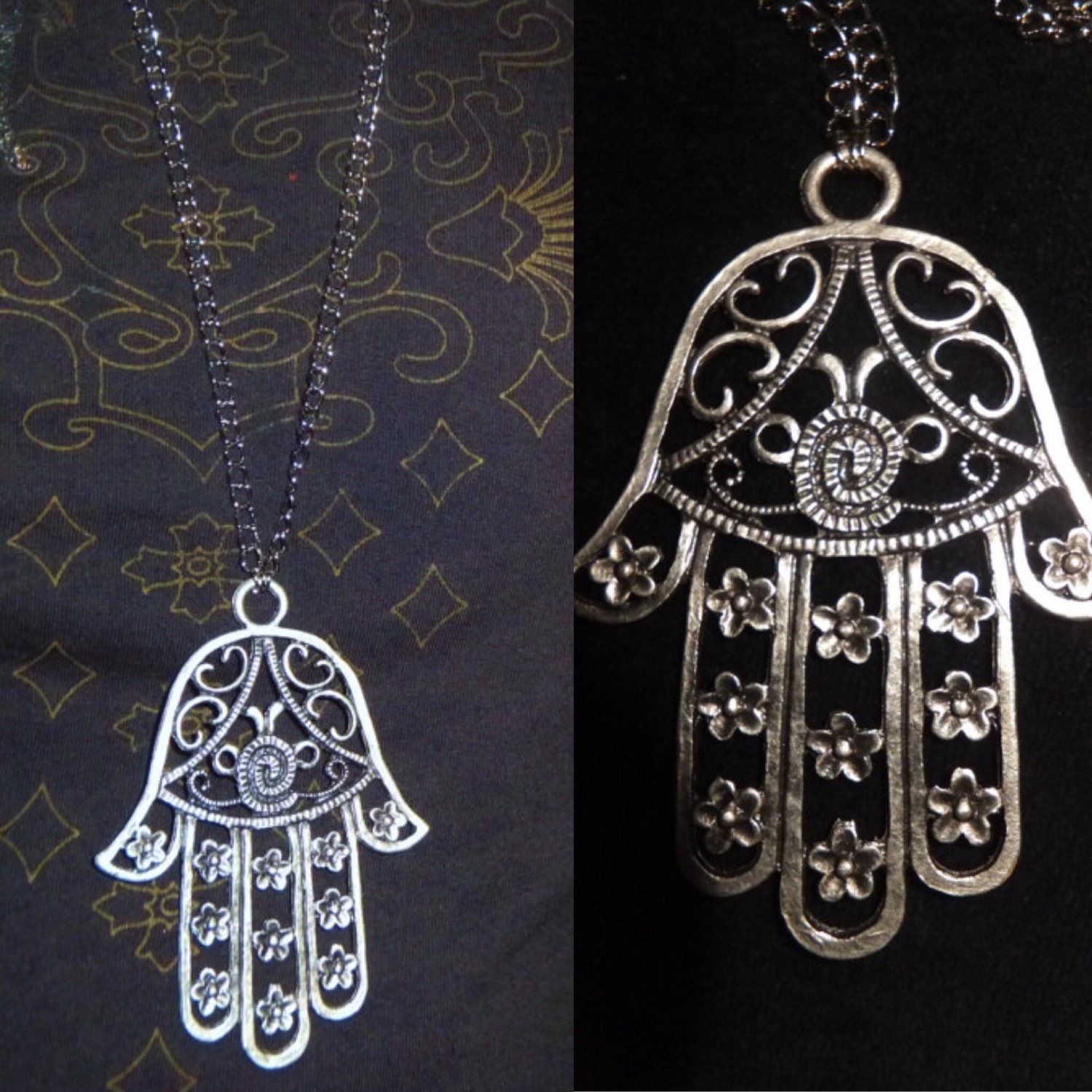 Big Hamsa Hand Necklace Antique Silver Brass Necklace