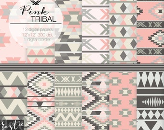 PINK TRIBAL digital paper. Aztec patterns in pink and brown. Wedding aztec, tribal digital background.