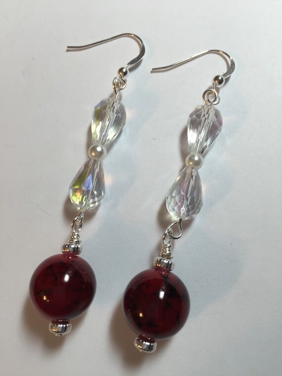 Cranberry Pearl and Swarovski Teardrop Earrings