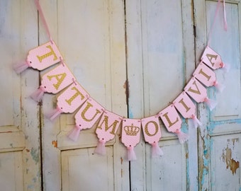 Happy 1st Birthday Banner Embossed White Pink by PaperEtcStudio