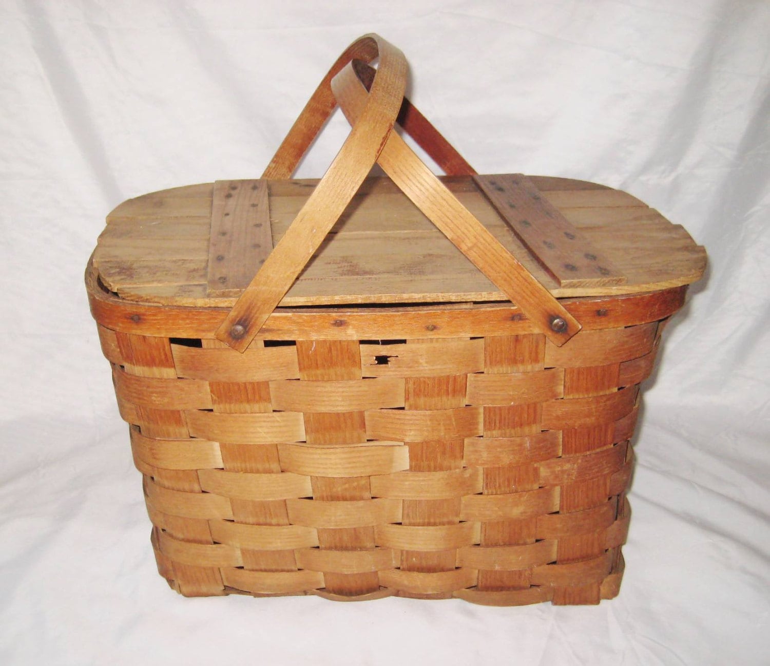 Woven wood picnic basket mid century rustic country decor