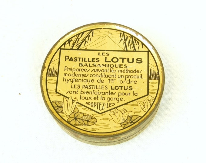 Antique French Metal Tin for "La Pastille Lotus" Medical Candy / French Decor / Vintage Retro Gift / Apothecary / Medical / Box / Japan Antique French Metal Tin for "La Pastille Lotus" Medical Candy / French Decor / Vintage Retro Gift / Apothecary / Medical / Box / Japan