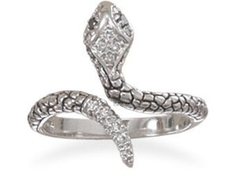 Sterling Silver Rhodium Plated CZ Snake Ring, Sterling silver 925 Ring.