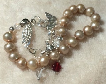 Freshwater Pearl Bracelet Champagne Cultured Freshwater Pearls With Sterling Findings And Drop With Swarovski AB Beads