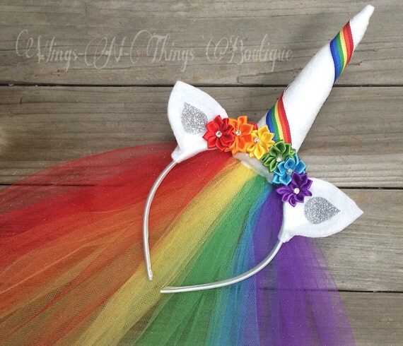 RAINBOW UNICORN CROWN w tulle veil Horn Headband Hair Aparador Vermelho Etna ~ RAINBOW UNICORN CROWN w tulle veil Horn Headband Hair