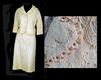 Vintage 60s Skirt Suit Cream Lace Pencil Skirt Wedding Suit Size L - XL Evening Wear