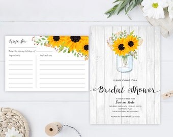 Rustic wedding shower Invitation with recipe card printed on premium cardstock | Mason jar bridal shower invitations cheap
