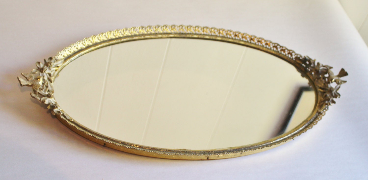 Vintage Brass Gold Oval Mirror With Ornate Embellishments