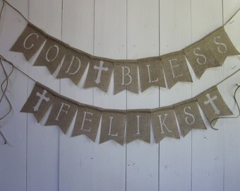 Baptism Banner - Christening Bunting - Confirmation Banner - First Communion Garland -Baby Dedication Burlap Banner - Name Blessing Sign