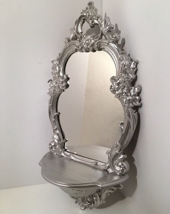 Vintage Rococo Silver Leaf Mirror with Shelf