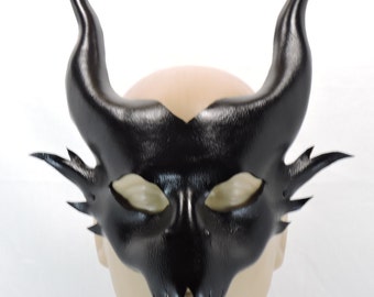 Black Dragon Mask - Unisex - Leather Mask, Halloween, Cosplay, Costume, Demon, Dragon with Horns, Draco