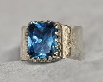 Natural Zircon Diamond and Hammered Sterling Silver Ring