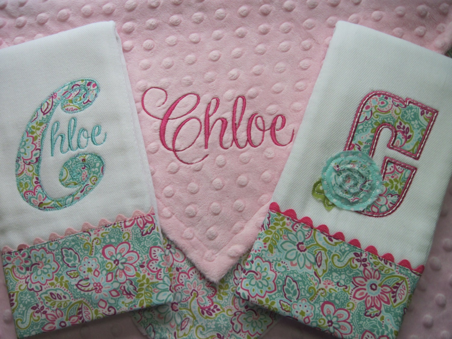 Personalized baby girl Lovey Blanket and 2 coordinating Burp