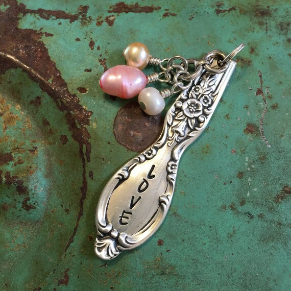 Stamped Vintage Upcycled Spoon Fork Jewelry Pendant Love Wire Tied