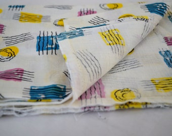 1950's vintage flour / feed sack cotton stamp like floating geometric print 33" by 29" wide- soft yellow teal lavender black on white