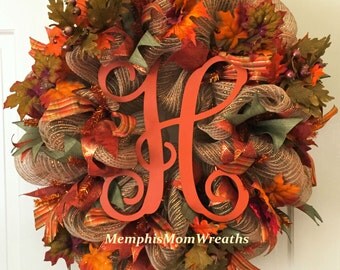 Fall Burlap Monogram Deco Mesh Wreath - Monogram Wreath - Burlap Wreath - Fall Wreath - Autumn Wreath