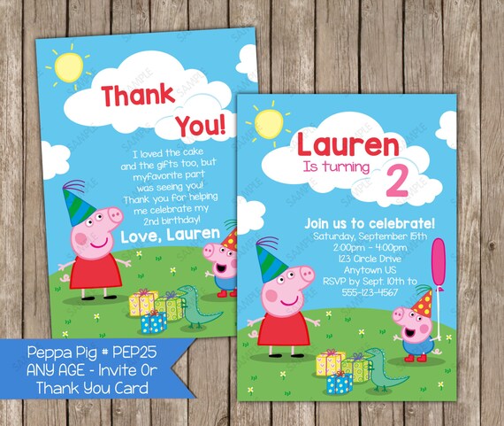Peppa Pig Invitation OR Thank You Card Personalized Digital