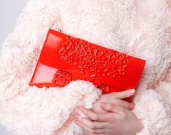 Hot red clutch / red clutch bag / standout red vinyl clutch / unique statement accessory / absolutely vegan / compliments guarunteed