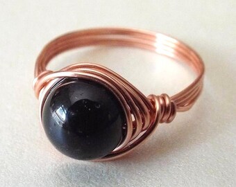Black Tourmaline Ring, Black Stone Ring, Promise Ring, Copper Ring, Gothic Ring, Black Ring, Homemade Jewelry, Tourmaline Jewelry, Wire Ring