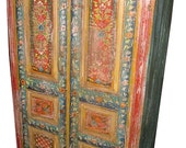 Mogul Antique Hand Painted Armoire Cabinet Red Blue Floral Design Indian Furniture