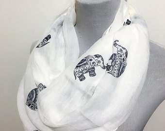 White Elephant Infinity Scarf, Elephant Scarf, Cute Scarf, Birthday Gift, Christmas Gift, For Her, Animal Scarf, Fashion Scarf, For Women