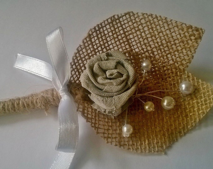 2 Burlap Groom's Boutonniere with Purple Flower, Rustic Wedding, White Bow,