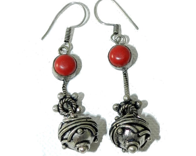 Tibetan Red CORAL Earrings, Tibetan Silver Dangle/Drop Earrings, Tribal Ethnic Pierced Earrings, Collectible Vintage Jewelry