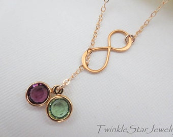 Personalized GOLD infinity Charm Necklace--Birthstones Necklace--Gold Infinity Charm Necklace in 14K God Filled Chain--Best friend Jewelry