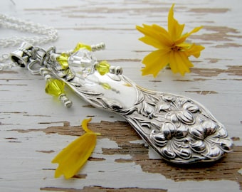 Spoon necklace - recycled silverware upcycled gifts - sunshine yellow - crystals - bridal party wedding gifts - unique necklace silver