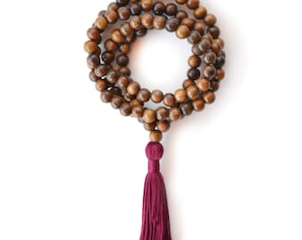 Brown Wood Mala Beads, 108 Meditation Necklace, Plum Burgundy Tassel Yoga Beads